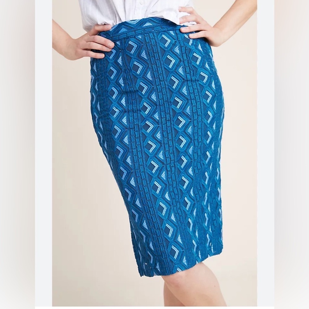 Anthropologie Sienna Embroidered Blue Bohemian Midi Pencil Skirt Size 0.
